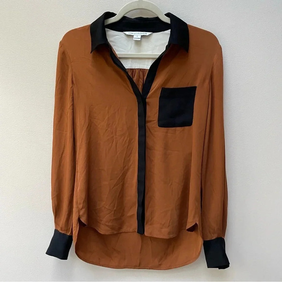Diane von Furstenberg Silk Color Block Brown Black Button Down Blouse Top Size 0 - Picture 2 of 10